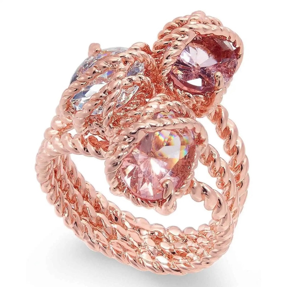 Rose gold-tone cubic zirconia stones trio rope statement ring - Size 6